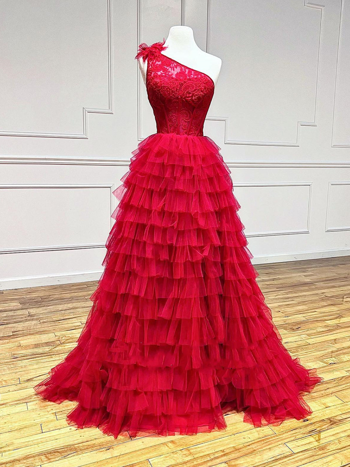 Midi Dress, One Shoulder Red Lace High Low Prom Dresses, Red High Low Lace Formal Evening Dresses