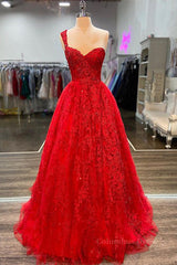 Formal Dresses For Weddings Guest, One Shoulder Red Lace Prom Dresses, One Shoulder Red Lace Formal Evening Dresses