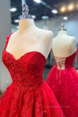 Formal Dress For Wedding Guests, One Shoulder Red Lace Prom Dresses, One Shoulder Red Lace Formal Evening Dresses