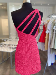 Party Dress Shiny, One Shoulder Short Hot Pink Prom Dresses, One Shoulder Short Hot Pink Formal Homecoming Dresses