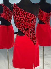 Party Dresses For Girls, One Shoulder Short Red Prom Dresses, One Shoulder Short Red Formal Homecoming Dresses