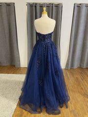 Beauty Dress, Open Back Navy Blue Lace Beaded Long Prom Dresses,Formal Graduation Party Dress