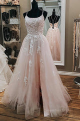 Bridesmaids Dress Designs, Open Back Pink Tulle Lace Long Prom Dress with Appliques, Pink Lace Formal Graduation Evening Dress