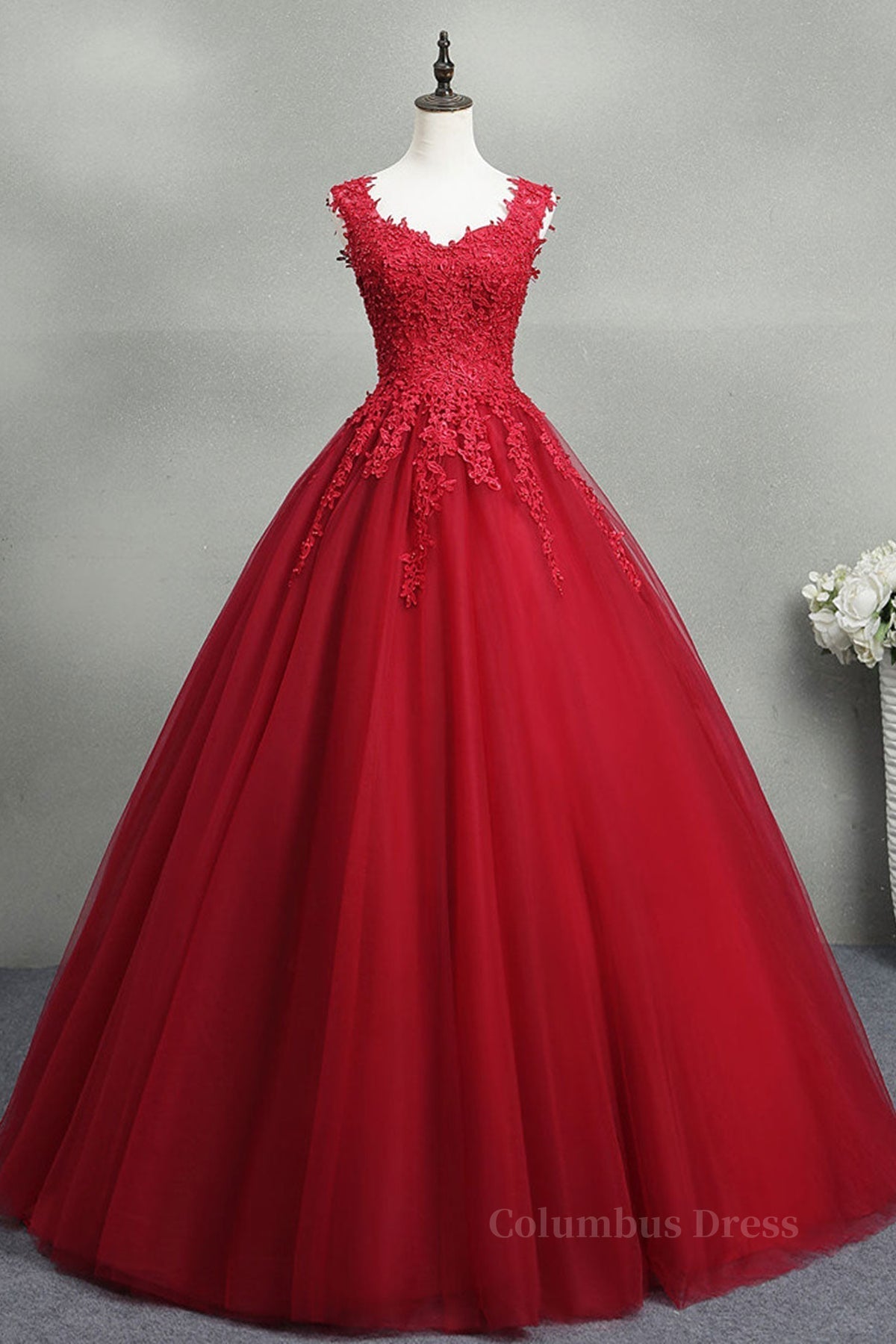 Bridesmaid Dress With Lace, Open Back Red Lace Long Prom Dress, Red Lace Formal Evening Dress, Red Ball Gown