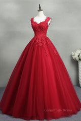 Bridesmaids Dresses With Lace, Open Back Red Lace Long Prom Dress, Red Lace Formal Evening Dress, Red Ball Gown