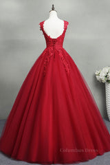 Bridesmaid Dresses With Lace, Open Back Red Lace Long Prom Dress, Red Lace Formal Evening Dress, Red Ball Gown