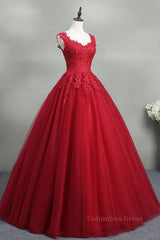 Bridesmaid Dresses Mismatched Summer, Open Back Red Lace Long Prom Dress, Red Lace Formal Evening Dress, Red Ball Gown