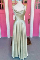 Bridesmaid Dresses Blues, Open Back Sage Satin Long Prom Dress with High Slit, Long Sage Formal Graduation Evening Dress