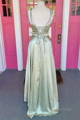 Bridesmaids Dress Blue, Open Back Sage Satin Long Prom Dress with High Slit, Long Sage Formal Graduation Evening Dress