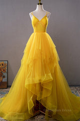 Bridesmaids Dress Blush, Open Back V Neck High Low Yellow Tulle Long Prom Dress, High Low Yellow Formal Evening Dress