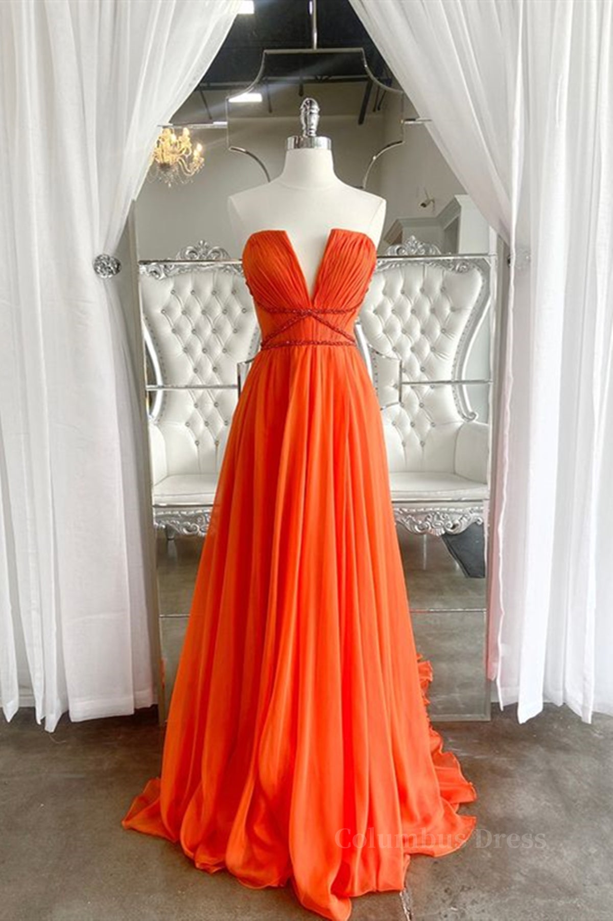 Formal Dress For Weddings Guest, Orange Chiffon Long Prom Dresses, Orange Long Formal Evening Dresses