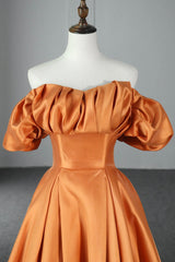 Prom Dressed Black, Orange Satin A-Line Floor Length Prom Dress, Off the Shoulder Evening Party Dress