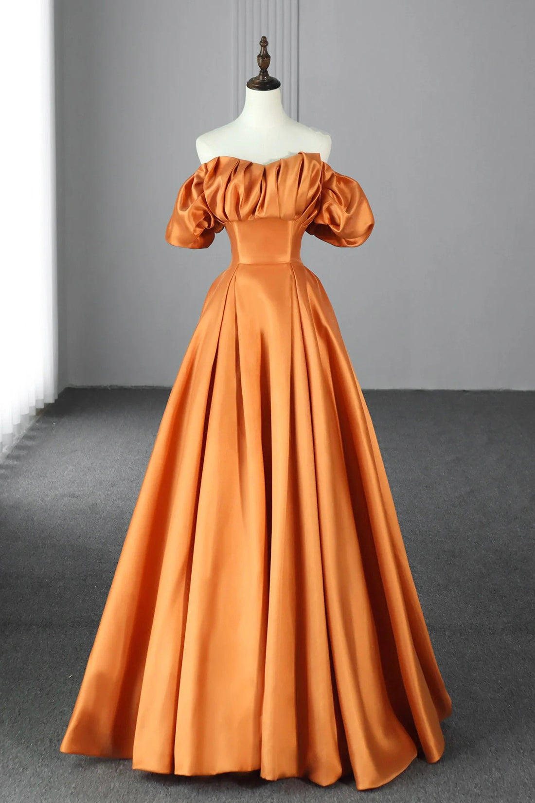 Prom Dress Black, Orange Satin A-Line Floor Length Prom Dress, Off the Shoulder Evening Party Dress