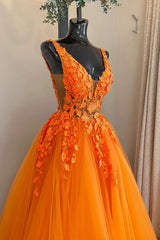 Corset Dress, Orange V-Neck Tulle Lace Long Prom Dress, A-Line Backless Evening Dress