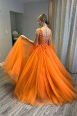 Red Carpet Dress, Orange V-Neck Tulle Lace Long Prom Dress, A-Line Backless Evening Dress