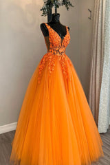 Evening Dress, Orange V-Neck Tulle Lace Long Prom Dress, A-Line Backless Evening Dress