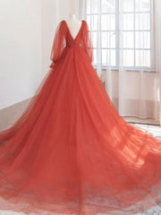 Prom Dresse 2035, Orange v neck tulle long prom dress, orange evening dress
