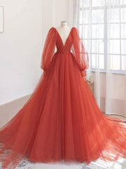 Prom Dresses2035, Orange v neck tulle long prom dress, orange evening dress