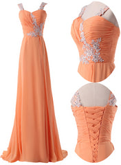 Bridesmaids Dresses Winter, Organge Chiffon Straps Lace Applique A-line Long Prom Dress, Orange Formal Dress Evening Dress