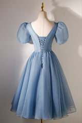 Bridesmaid Dresses Long, A-line V-neck Sequins Short Prom Dress, Blue Short Sleeve Evening Dress
