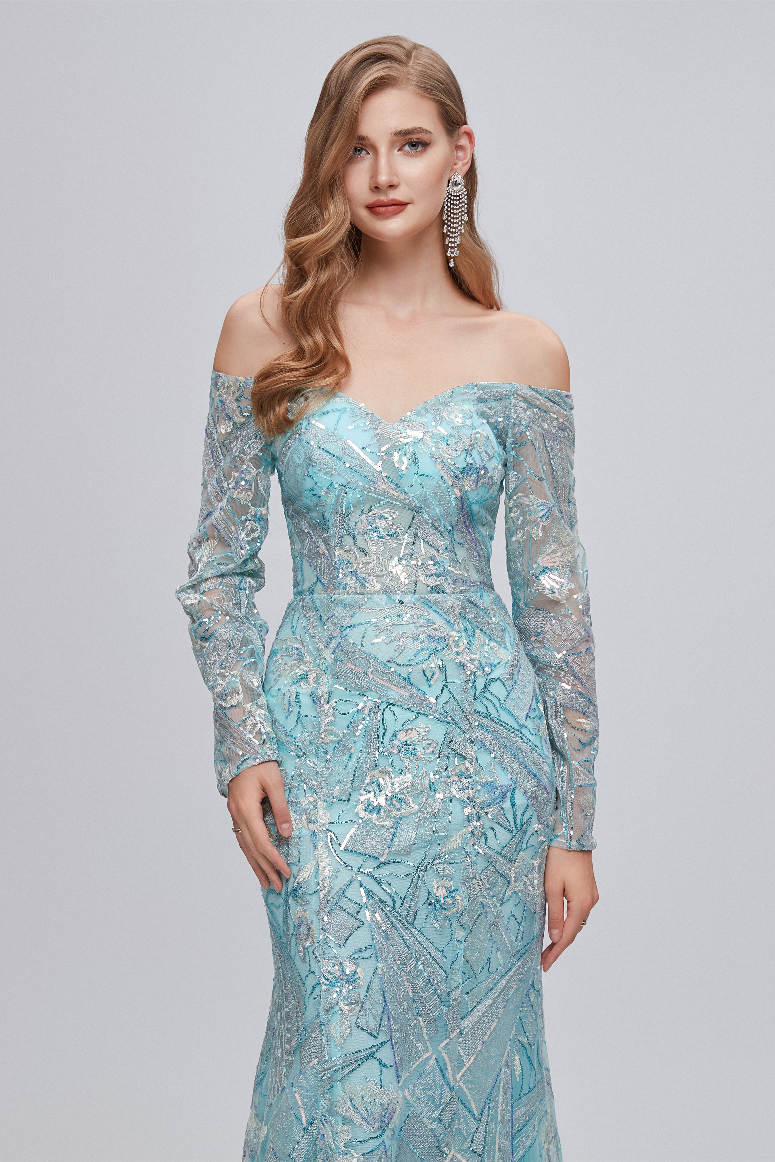 Formal Dresses Over 66, Pastel Blue Sparkly Embroidery Long Sleeve Mermaid Evening Dresses