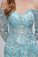 Formal Dresses For Winter Wedding, Pastel Blue Sparkly Embroidery Long Sleeve Mermaid Evening Dresses