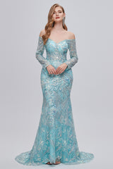 Formal Dresses For Fall Wedding, Pastel Blue Sparkly Embroidery Long Sleeve Mermaid Evening Dresses