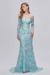 Formal Dress For Girls, Pastel Blue Sparkly Embroidery Long Sleeve Mermaid Evening Dresses