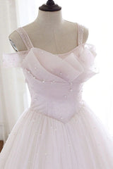 Prom Dress Inspiration, Pearl Pink Straps A Line Tulle Long Prom Dress with Pearls, Long Formal Gown