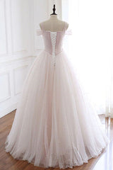 Party Dress Black And Gold, Pearl Pink Straps A Line Tulle Long Prom Dress with Pearls, Long Formal Gown