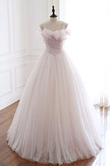 Party Dresses Black And Gold, Pearl Pink Straps A Line Tulle Long Prom Dress with Pearls, Long Formal Gown