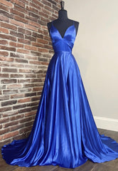 Party Dress Long Sleeve Mini, Blue V-Neck Satin Long Prom Dresses, Simple Evening Dresses