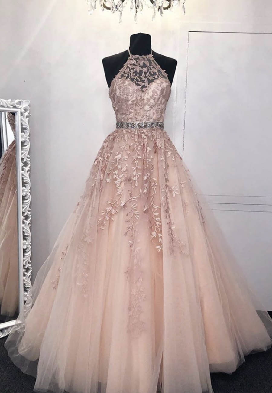 Bridesmaid Dresses Orange, Pink Lace Long Prom Dresses, A-Line Formal Graduation Dresses