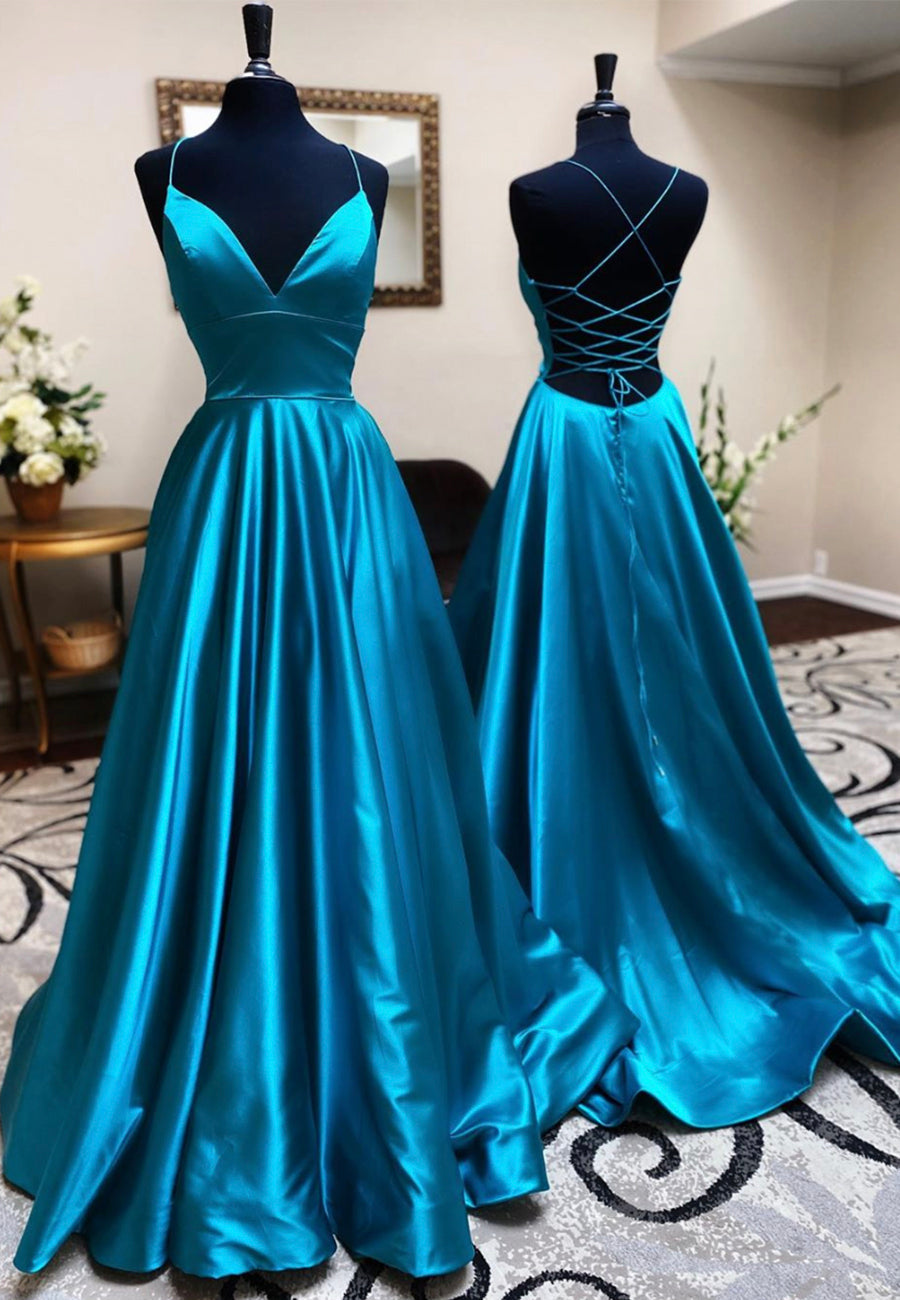 Simple Dress, Blue V-Neck Satin Long Prom Dresses, Blue Backless Evening Dresses