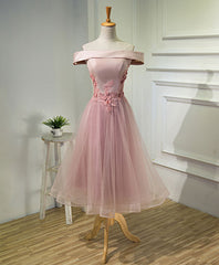 Evenning Dresses Short, Pink A Line Off Shoulder Tea Length Prom Dress, Lace Homecoming Dresses