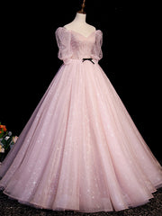 Bridesmaid Dress Fall, Pink A Line Puffy Sleeves Tulle Long Prom Dress, Pink Sweet 16 Dress