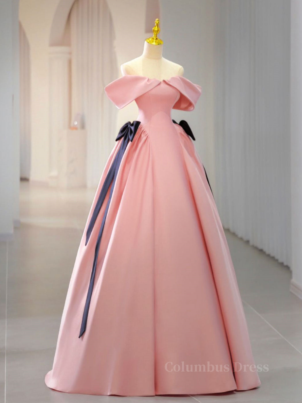 Prom Dresses Emerald Green, Pink A-Line Satin Off Shoulder Long Prom Dress, Pink Formal Evening Dresses