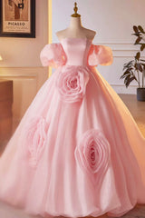 Prom Dress With Shorts, Pink A-Line Sweetheart Ball Gown Formal Dress with Flowers, Off the Shoulder Evening Party Dress