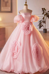 Prom Dresses With Short, Pink A-Line Sweetheart Ball Gown Formal Dress with Flowers, Off the Shoulder Evening Party Dress