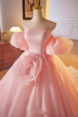 Prom Dresses Nearby, Pink A-Line Sweetheart Ball Gown Formal Dress with Flowers, Off the Shoulder Evening Party Dress
