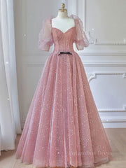 Homecoming Dress Fitted, Pink A-line tulle lace long prom dress, pink lace formal dress