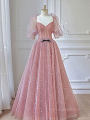 Homecomming Dresses Fitted, Pink A-line tulle lace long prom dress, pink lace formal dress