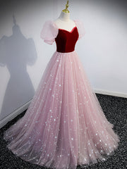 Party Dresses Vintage, Pink A line Tulle Long Prom Dress, Pink Tulle Evening Graduation Dresses