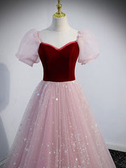 Party Dressed Short, Pink A line Tulle Long Prom Dress, Pink Tulle Evening Graduation Dresses