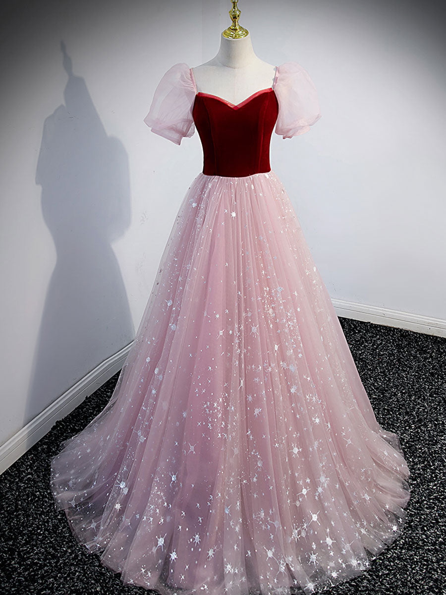 Party Dress Spring, Pink A line Tulle Long Prom Dress, Pink Tulle Evening Graduation Dresses