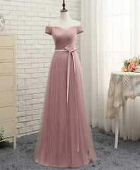 Bridesmaid Gown, Pink A LineTulle Off Shoulder Long Prom Dress, Evening Dress