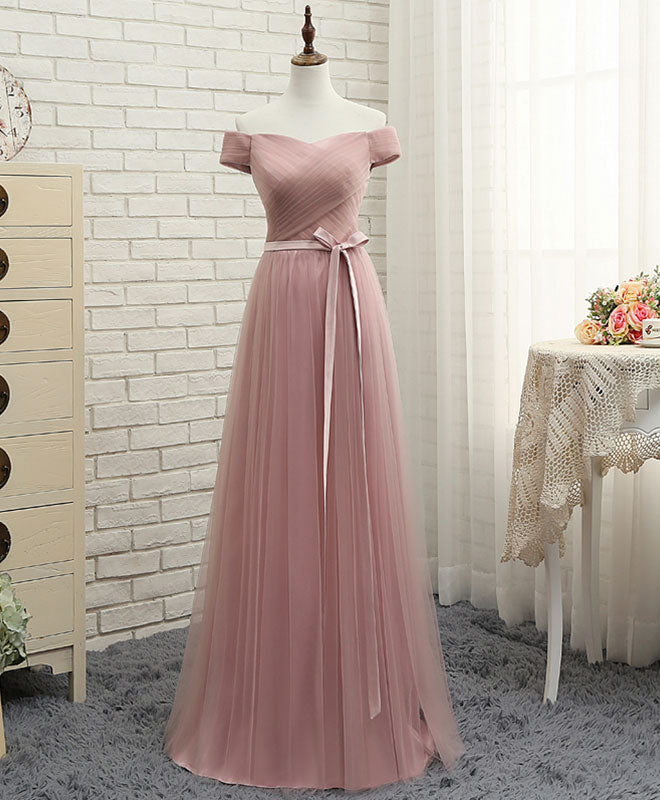 Couture Gown, Pink A LineTulle Off Shoulder Long Prom Dress, Evening Dress