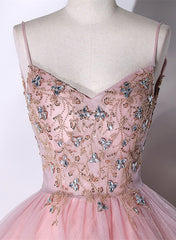 Classy Outfit Women, Pink Ball Gown Beaded V-neckline Prom Dress, Pink Sweet 16 Dresses