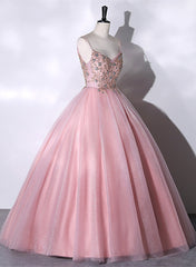 Sparklie Dress, Pink Ball Gown Beaded V-neckline Prom Dress, Pink Sweet 16 Dresses