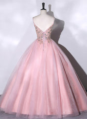 Party Dress Halter Neck, Pink Ball Gown Beaded V-neckline Prom Dress, Pink Sweet 16 Dresses